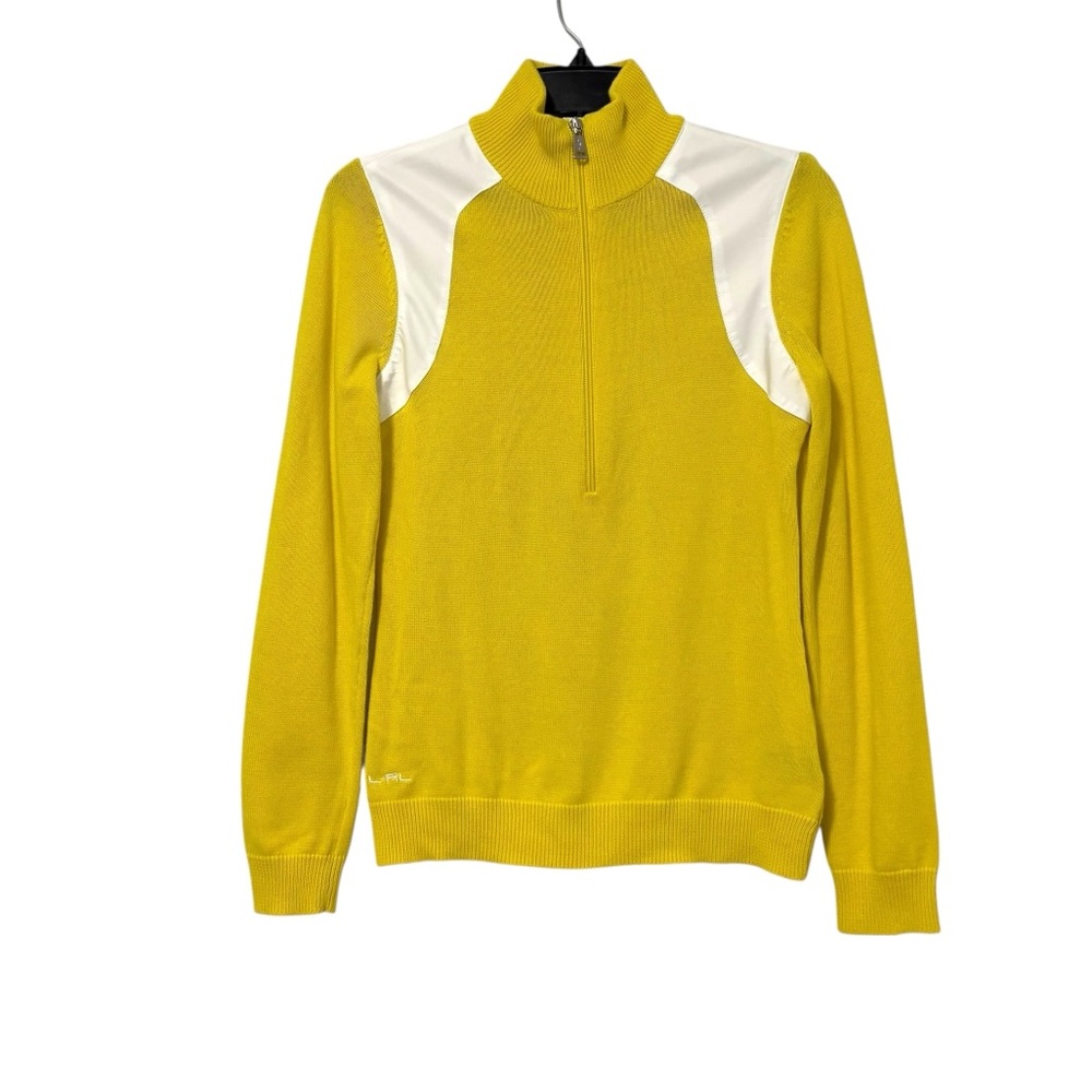 Lauren Ralph‎ Lauren Active Size Small Yellow White Knit 1/4 Zip Track Jacket